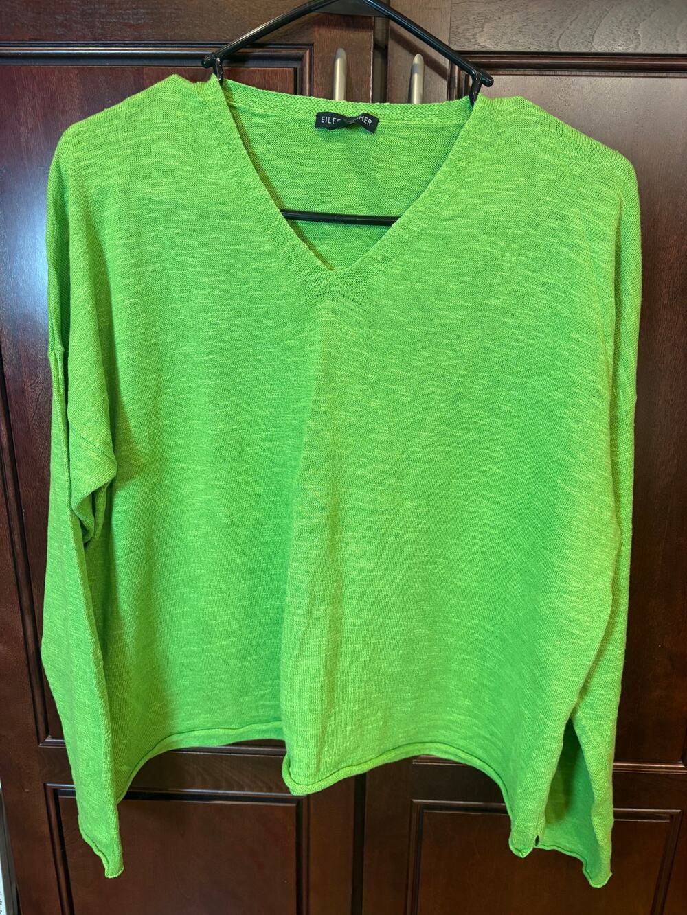 Eileen Fisher V-Neck Sweater Green Linen/Cotton Size XL
